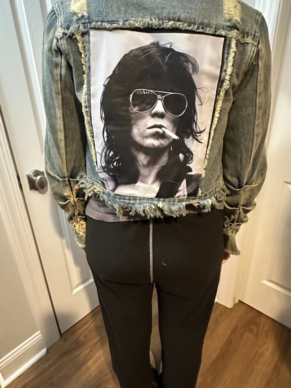 Distressed Cropped Upcycled Rolling Stones Keith Richards Jean Jacket - Picture 3 of 7